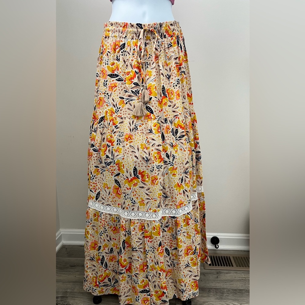 In Bloom Orange Yellow Tiered Maxi Skirt - Picture 3 of 4